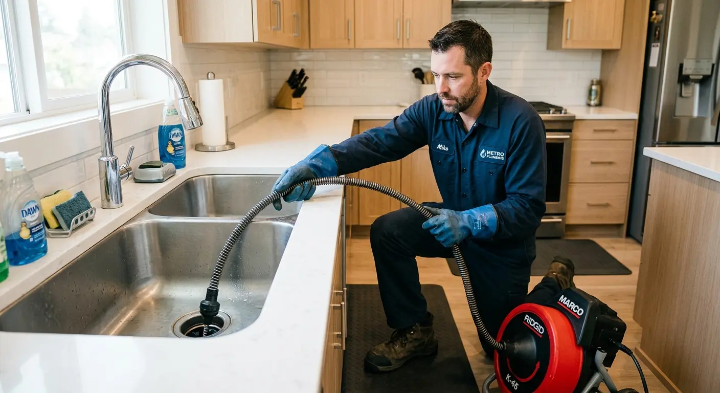 Drain cleaning technician using a motorized snake on a kitchen sink in Severna Park
