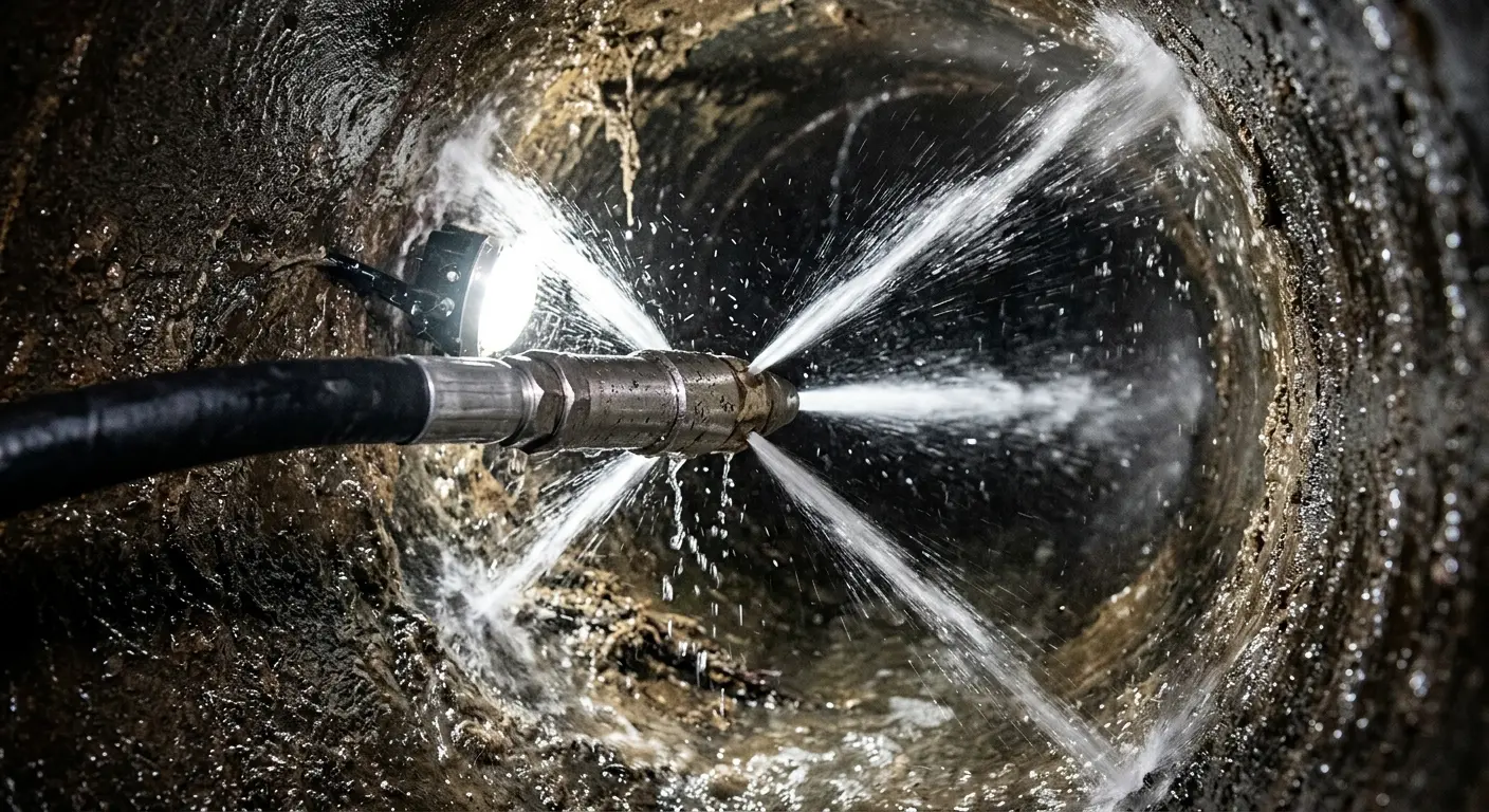 High-pressure hydro jetting nozzle cleaning sewer pipe for Sewer Cleanout in Severna Park