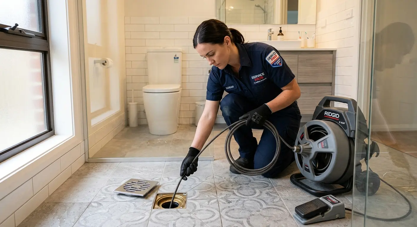 Technician clearing a bathroom floor drain for Sewer Line Replacement in Severna Park